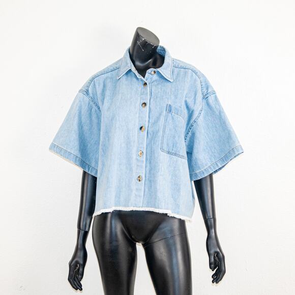 Rosetta Getty $730 Cropped Denim Shirt Mid Blue Wide Boxy fit - Picture 3 of 9